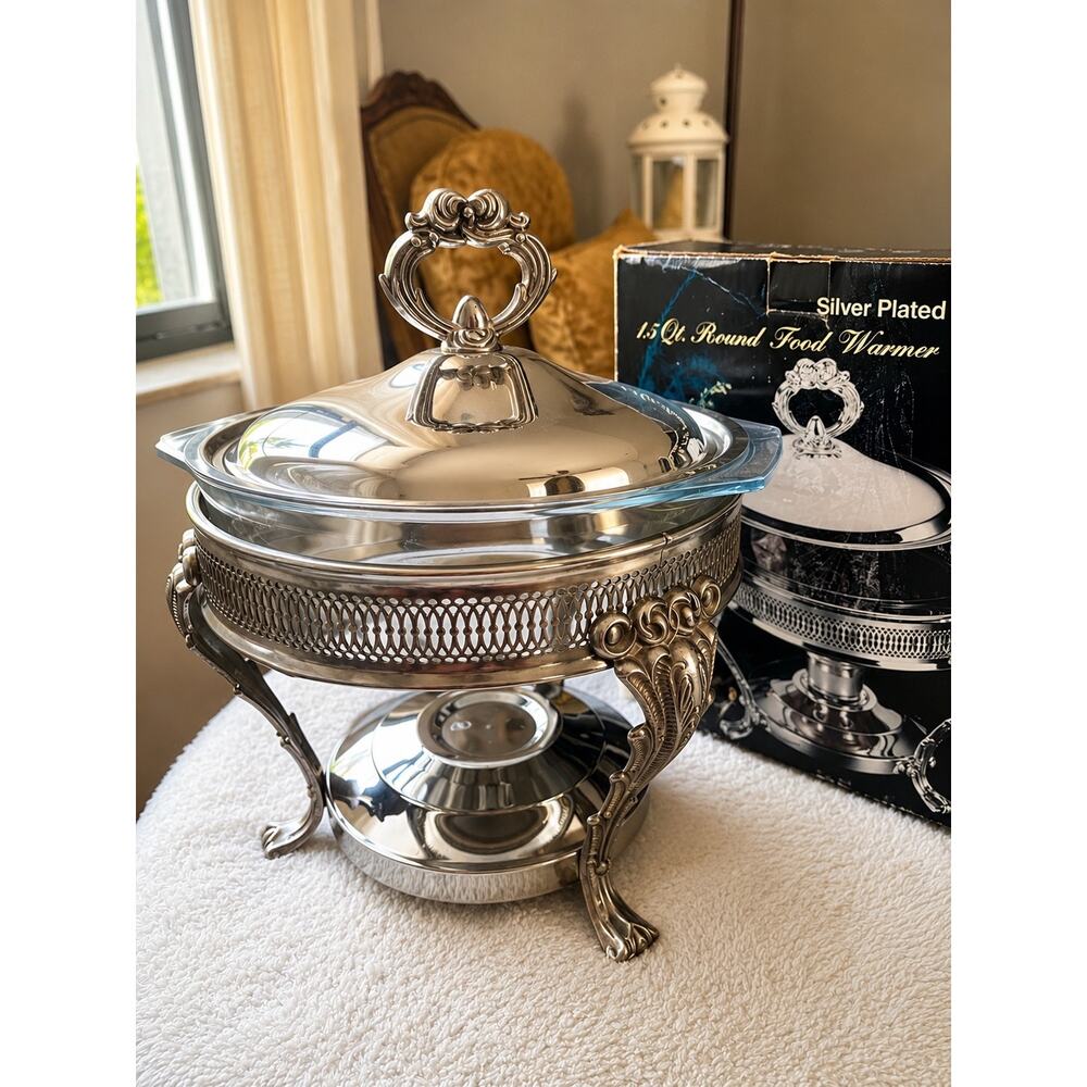 vintage silver-plated round food warmer, holder and a clear glass casserole dish